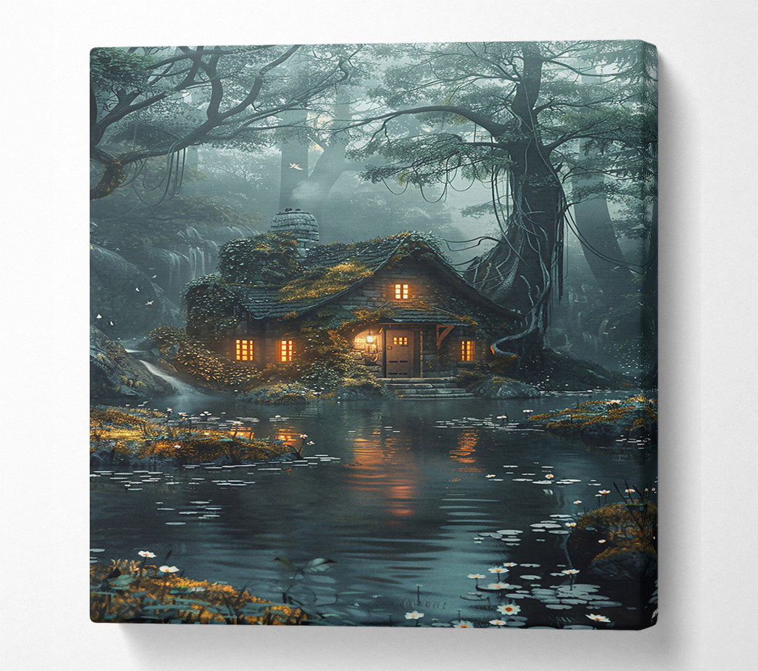  A Canvas Print of Teal Cottage By The Pond Canvas Wall Art