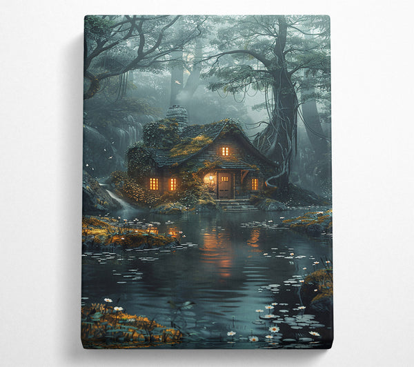  A Canvas Print of Teal Cottage By The Pond Canvas Wall Art