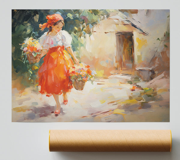 Red Dress And Flowers Print