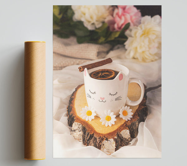 White Cat And Cinnamon Tea Print