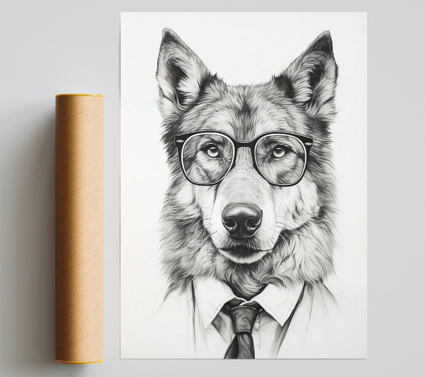 Black And White Wolf In Glasses Giclee Print