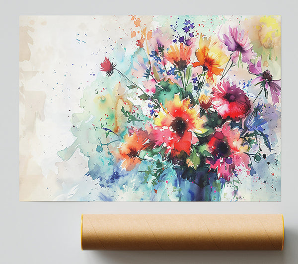 Watercolor Burst Of Red Flowers. Print