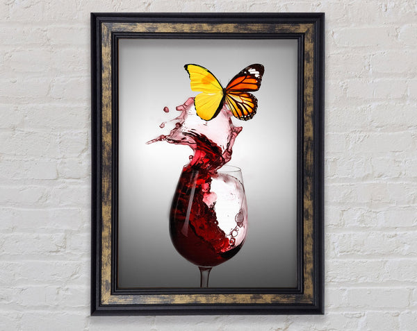 Glass Of Red Wine  Yellow Butterfly Framed Print