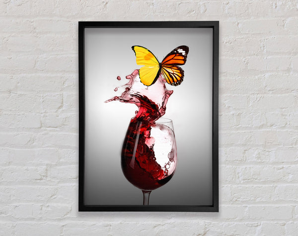 Glass Of Red Wine  Yellow Butterfly Framed Print