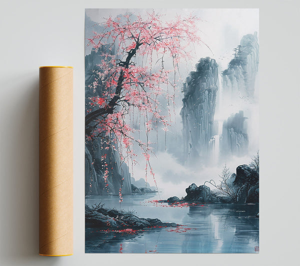 Pink Blossoms Over Waterfalls Poster