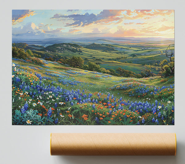 Bluebonnet Hillside Sunset Giclee Print