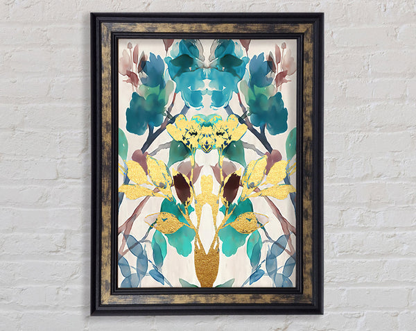 Gold And Turquoise Ink Blot Framed Print