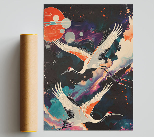 Orange Cosmic Cranes Print
