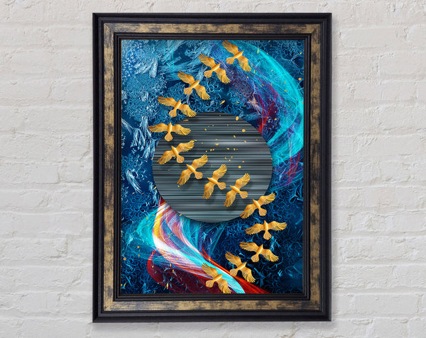 Gold Birds Abstract Waves Framed Print