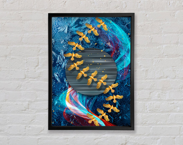 Gold Birds Abstract Waves Framed Print