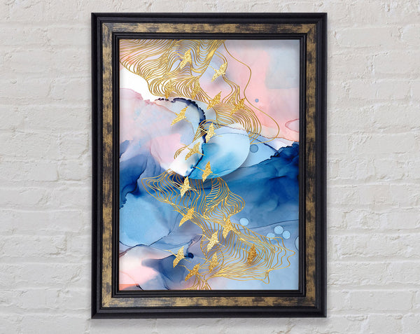 Gold Birds With Gold Lines Framed Print