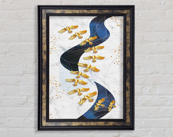 Gold Birds  Wavy Lines Framed Print