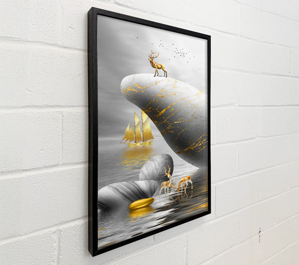 Gold Boat Deers On Roack
