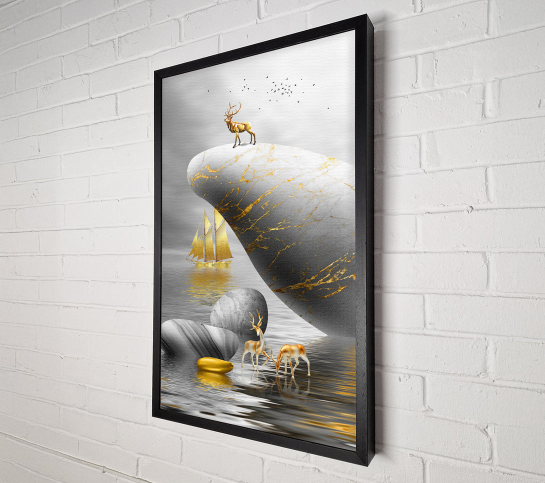  A Canvas Print of Gold Boat Deers On Roack Canvas Print