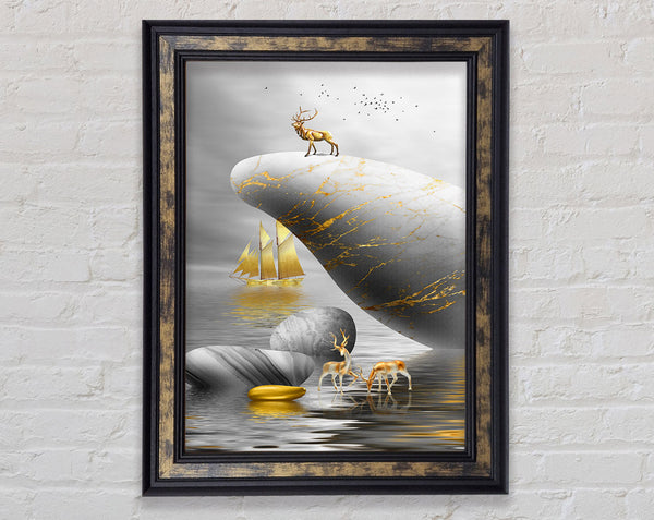 Gold Boat Deers On Roack Framed Print