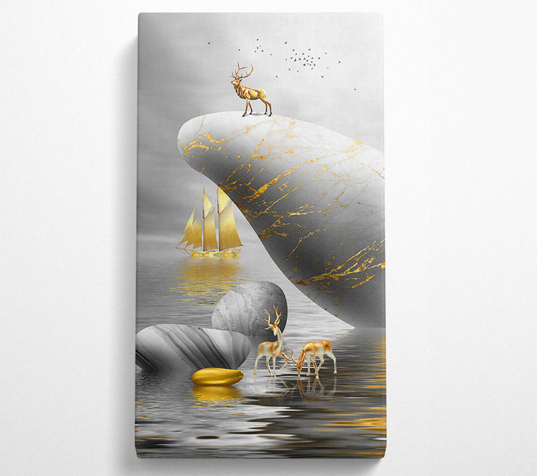  A Canvas Print of Gold Boat Deers On Roack Canvas Print