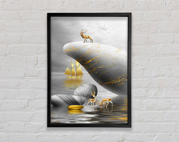 Gold Boat Deers On Roack Framed Print