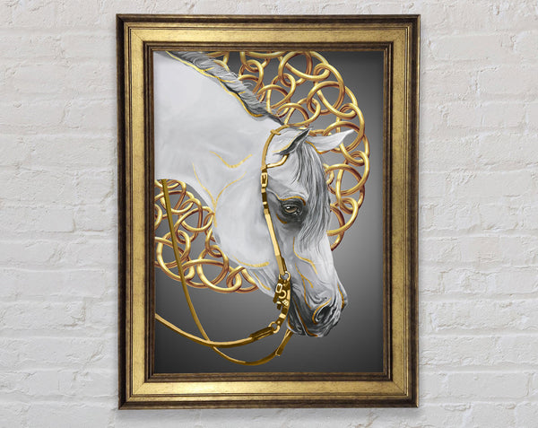 Gold Chains On White Horse Framed Print