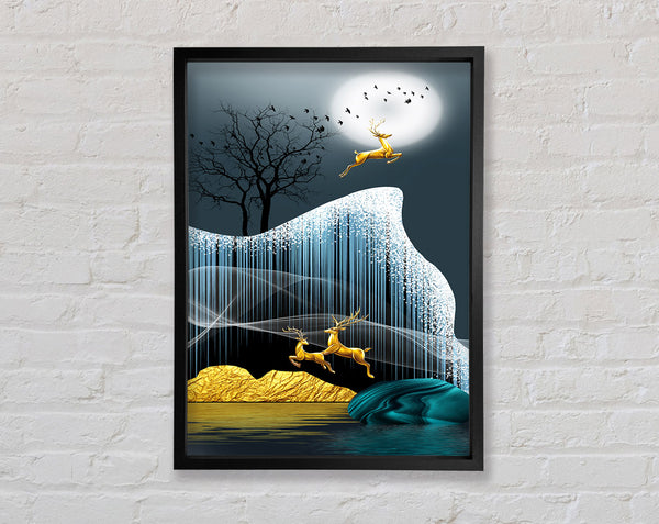 Gold Deer Leaping Framed Print