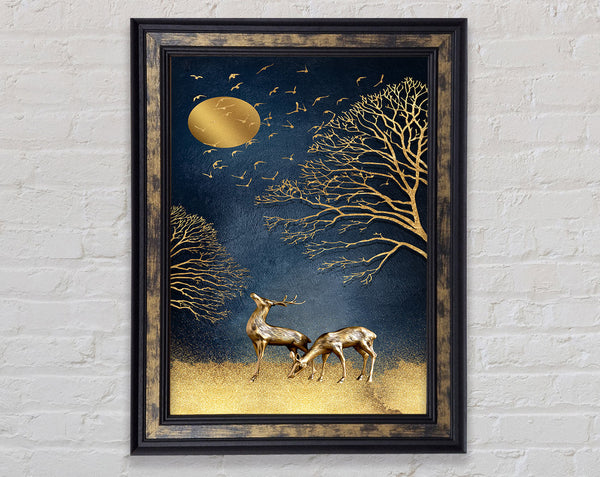 Gold Deer Night Birds Framed Print