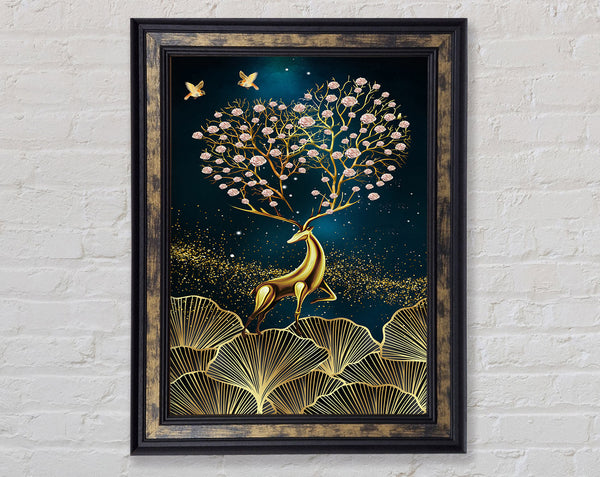 Gold Deer  Flower Antlers Framed Print