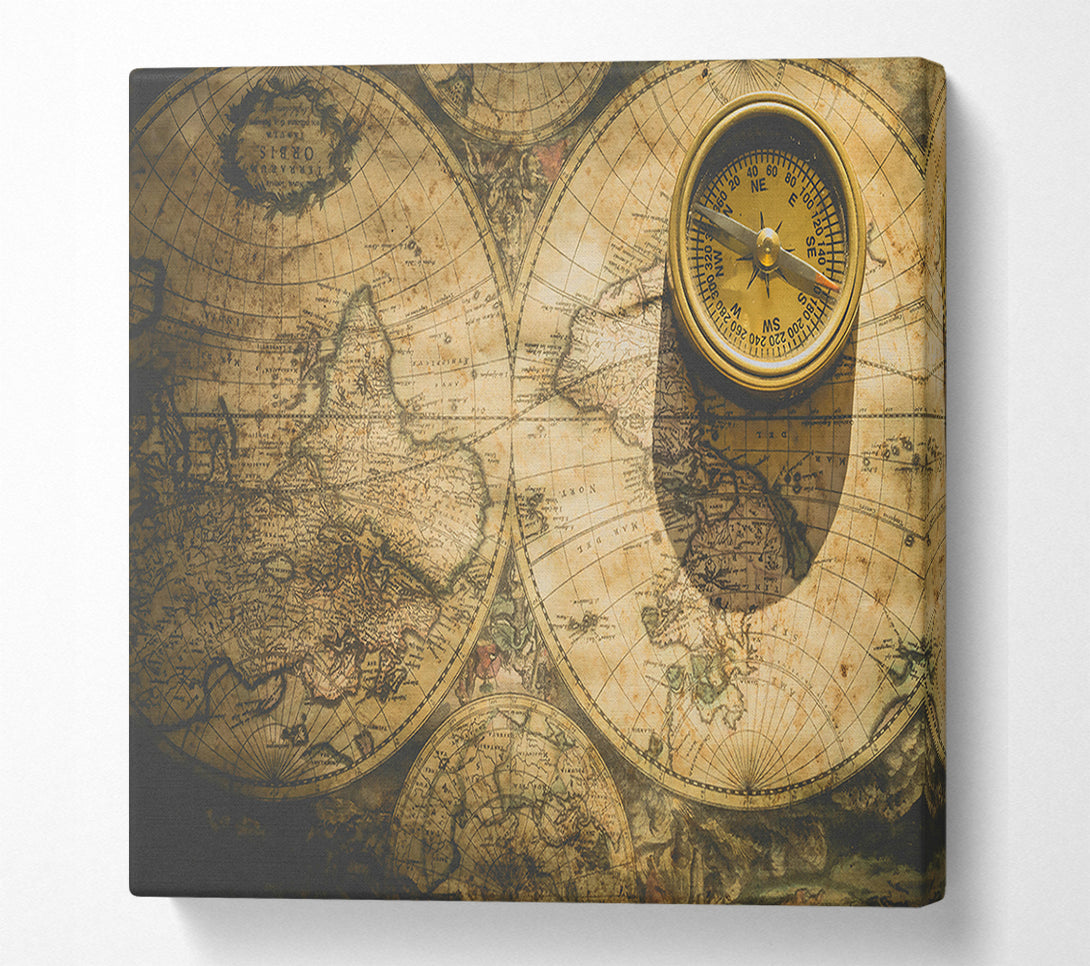  A Canvas Print of Golden Compass And Map. Canvas Wall Art