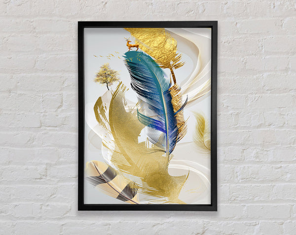 Gold Feathers And Deer Framed Print