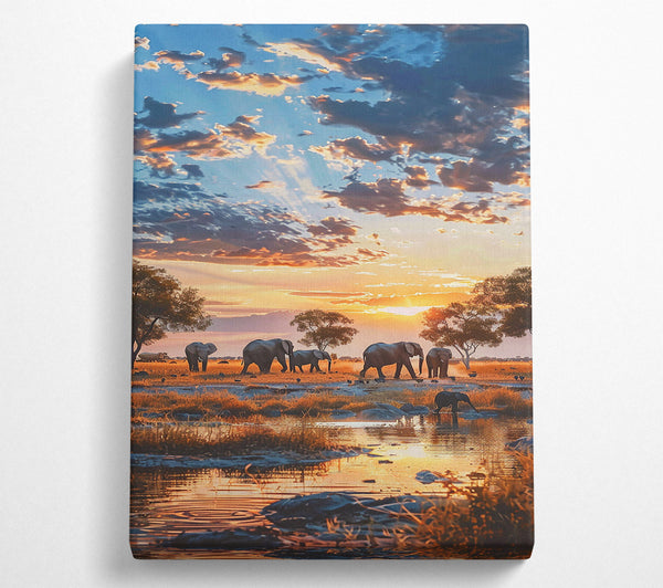  A Canvas Print of Golden Elephant Sunset Canvas Wall Art
