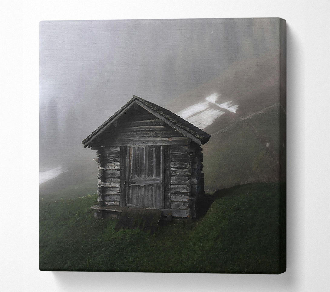  A Canvas Print of Grey Cabin In Mist. Canvas Print