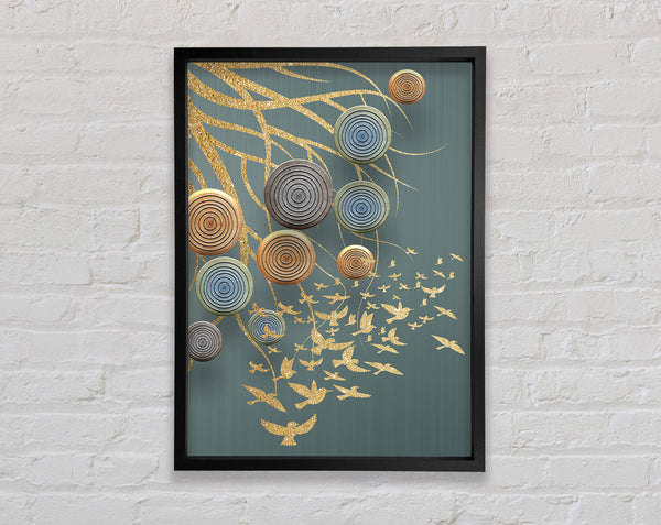 Gold Flying Birds With Circles Framed Print