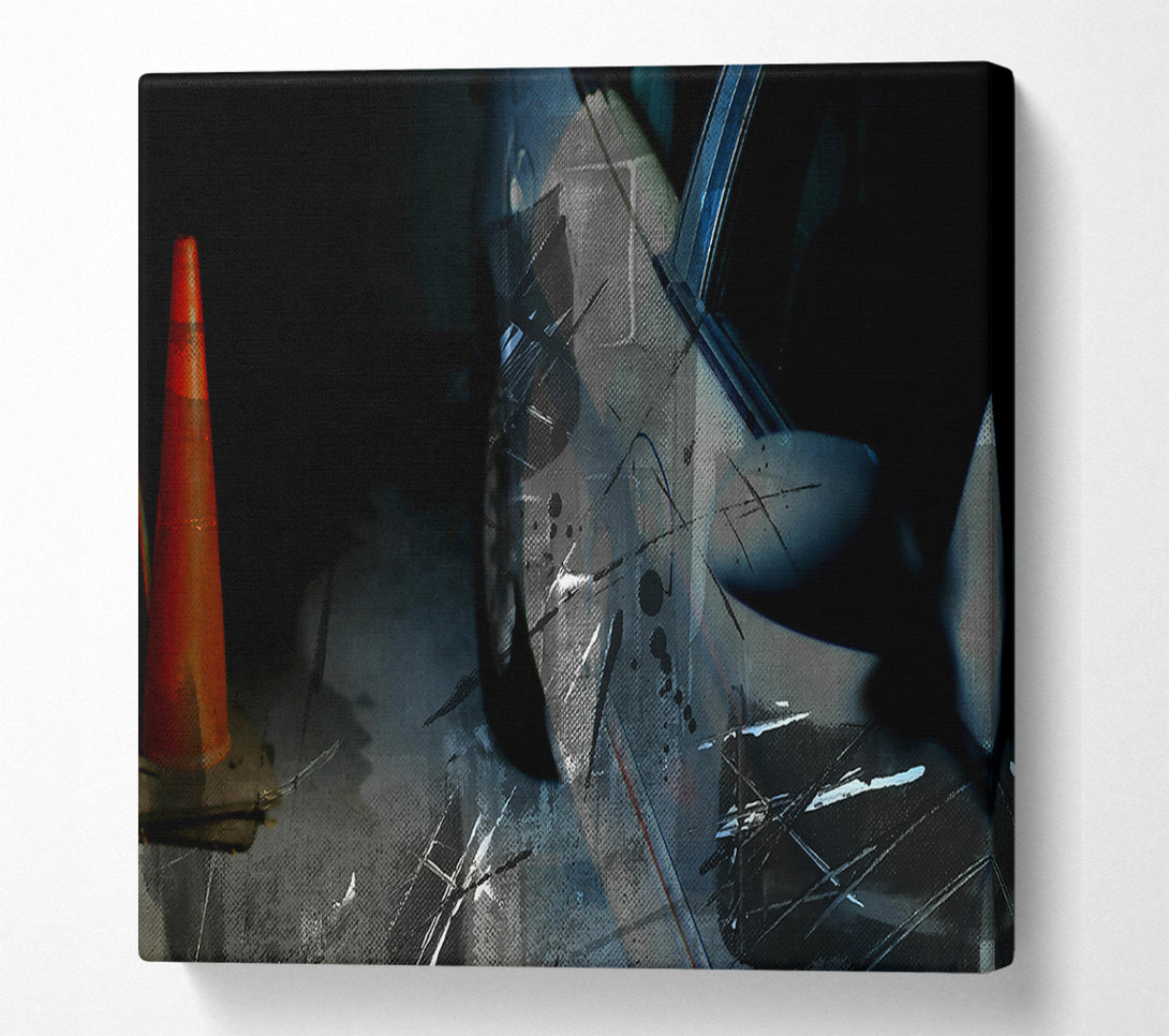  A Canvas Print of Blue Car And Cone Canvas Print