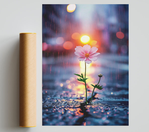 Pink Flower In The Rain Poster