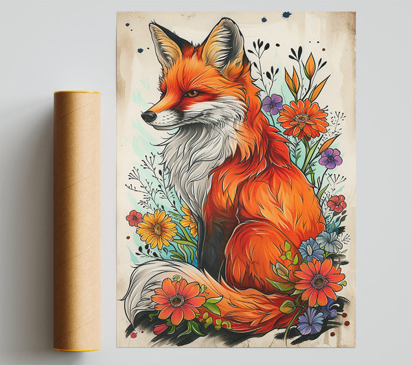 Orange Fox In Bloom Giclee Print