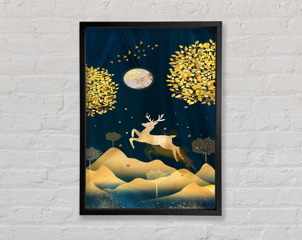 Gold Leaping Deer Framed Print