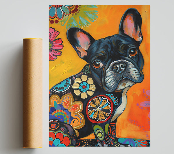 Orange French Bulldog Flowers Print