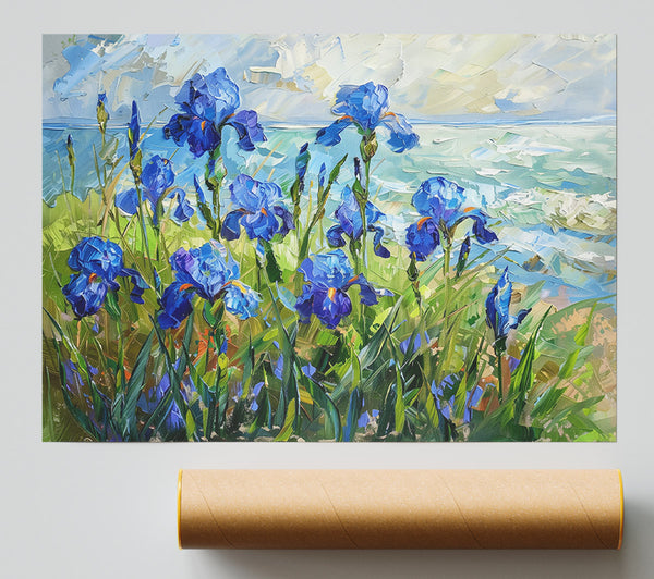 Azure Irises By The Sea Print