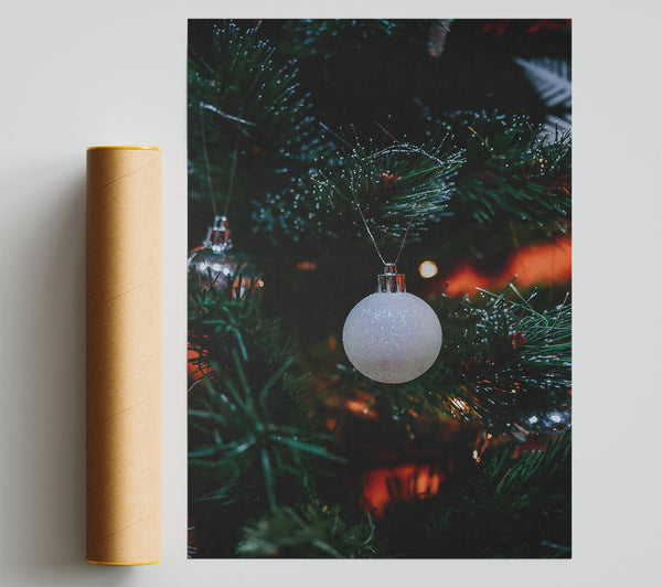 White Ornament On Green Branch. Giclee Print