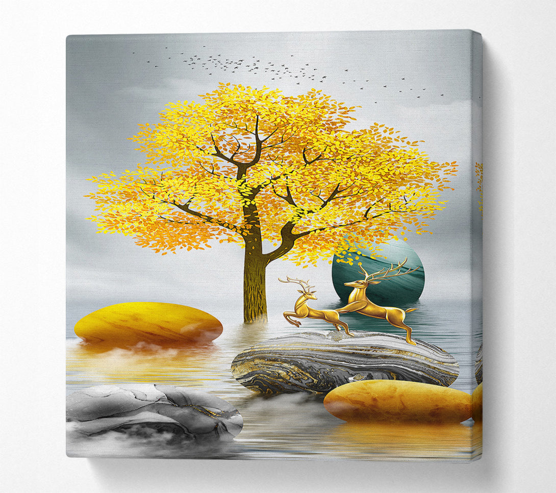  A Canvas Print of Gold Tree Deer Run Canvas Print