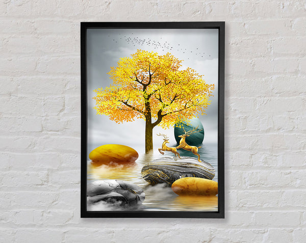 Gold Tree Deer Run Framed Print