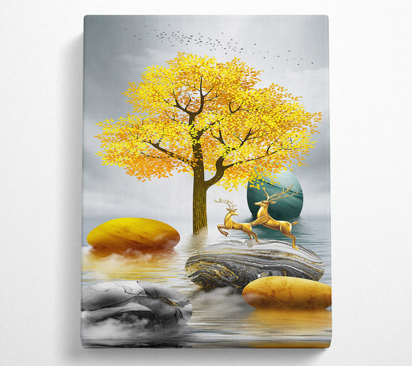  A Canvas Print of Gold Tree Deer Run Canvas Print