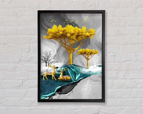Gold Tree With Two Deers Framed Print