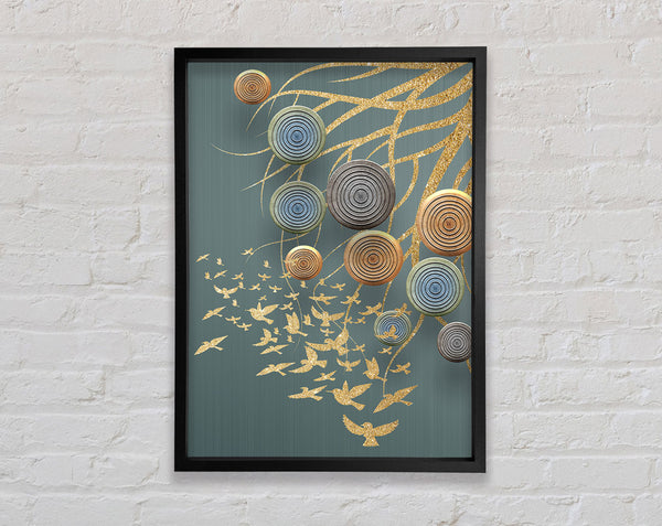 Golden Birds  Abstract Circles Framed Print