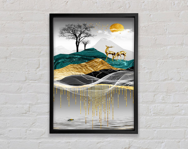 Golden Deer On Abstract Hill Framed Print