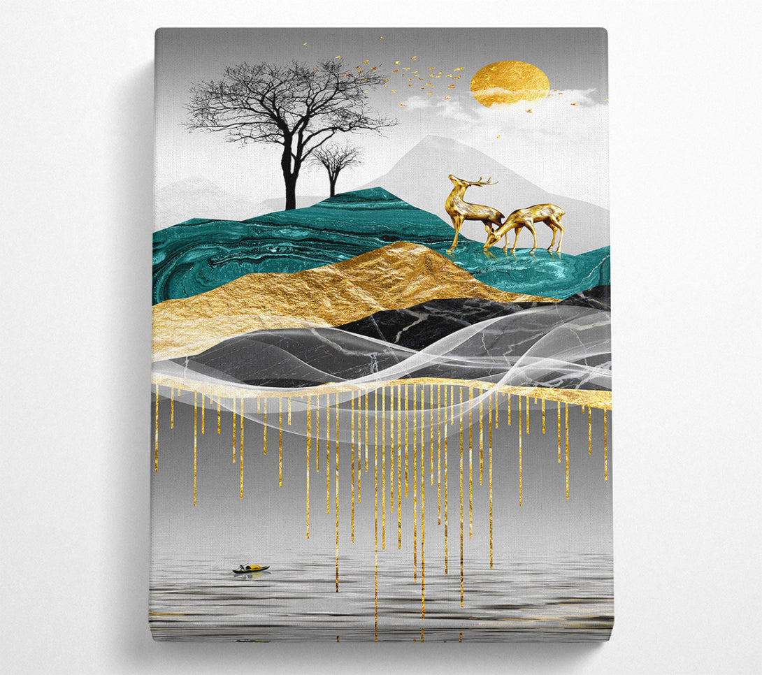  A Canvas Print of Golden Deer On Abstract Hill Canvas Print