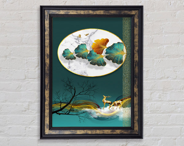 Green Abstract Golden Deers Framed Print