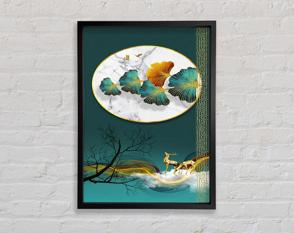 Green Abstract Golden Deers Framed Print