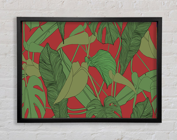 Green Leaves On Red Framed Print