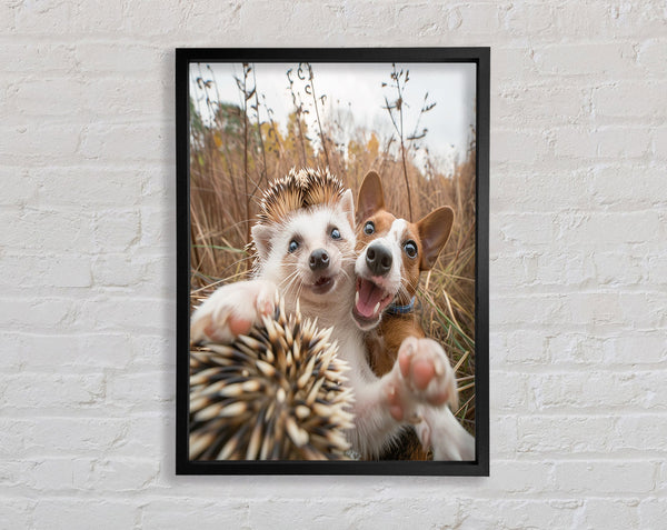 Hedgehog And Dog Selfie Framed Print