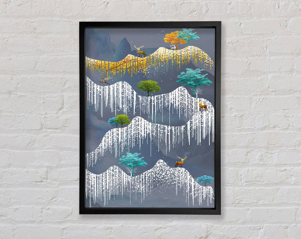 Icy Abstract Mountains With Deer Framed Print