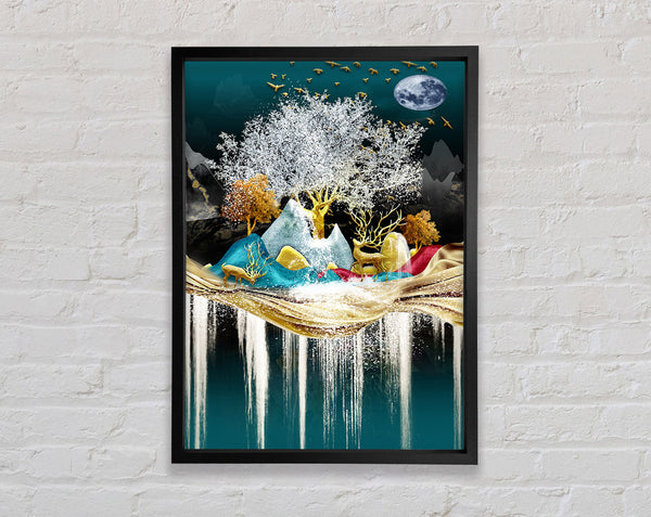 Icy Scene With Gold Deers Framed Print